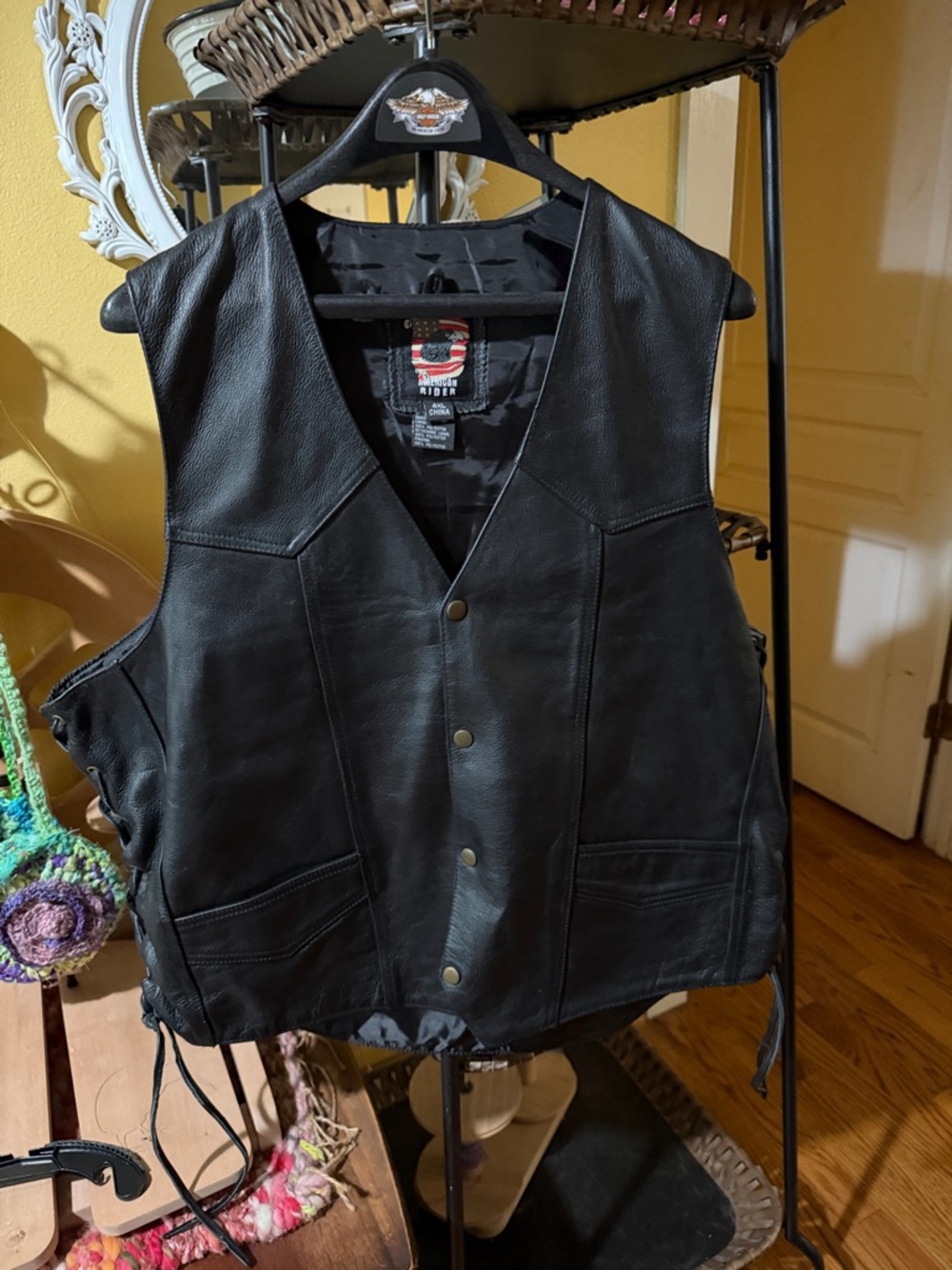 American Rider Men’s Black Leather Biker Vest with Lace-Up Sides